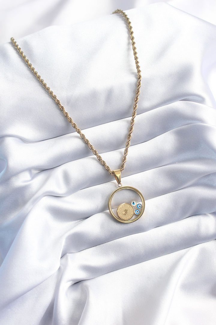 EBJ 316L Steel Gold Color Spiral Model Gold Figure Evil Eye Bead Detail Women's Necklace - Freising