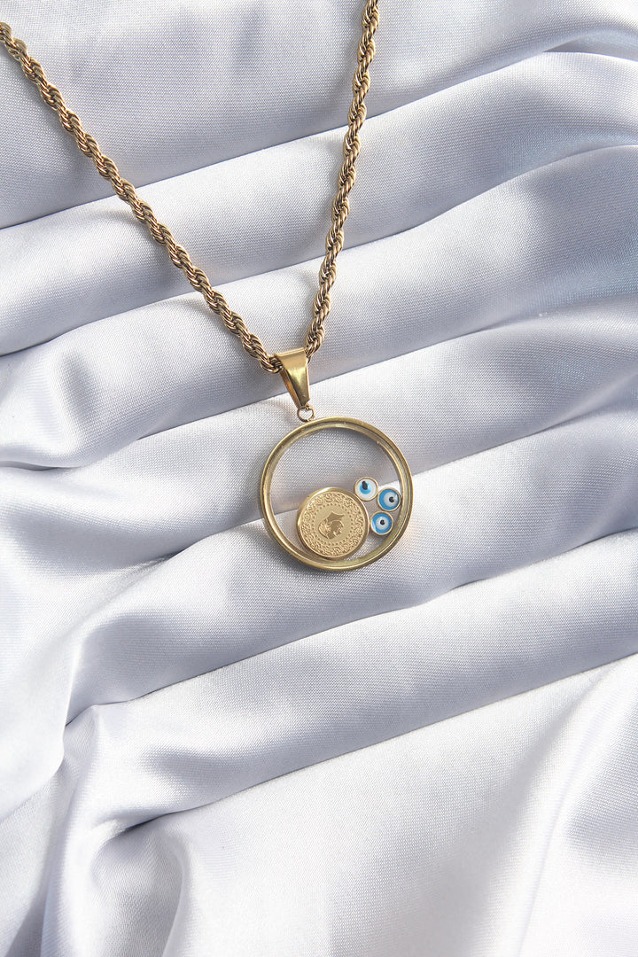 EBJ 316L Steel Gold Color Spiral Model Gold Figure Evil Eye Bead Detail Women's Necklace - Freising