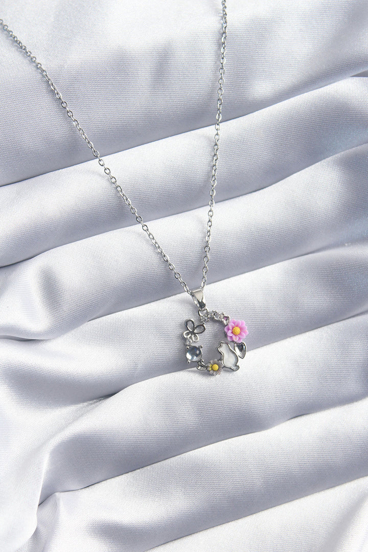 EBJ 316L Stainless Steel Silver Color Cat Flower Butterfly Figure Women's Necklace - Buckeye