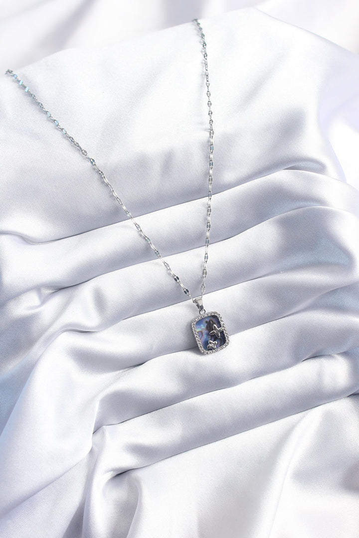 EBJ 316L Stainless Steel Silver Color Mother of Pearl Zircon Stone Detail Square Model Women's Necklace - San Francisco