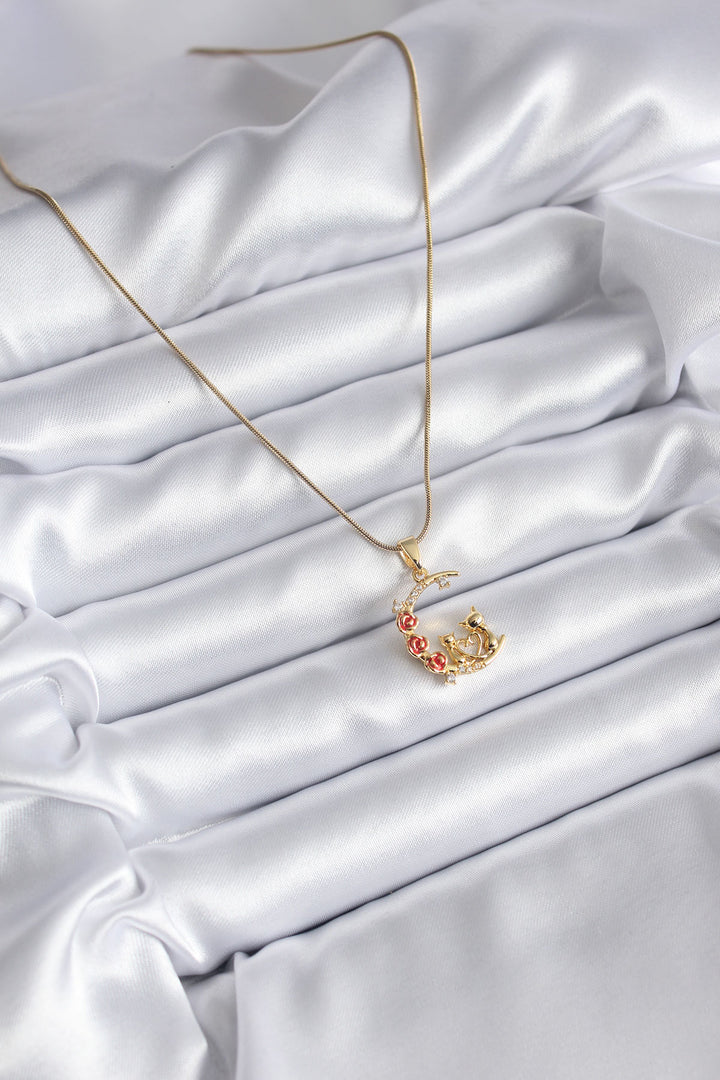 EBJ 316L Stainless Steel Gold Color Crescent Moon Cat Model Zircon Stone Detail Women's Necklace - Panevėžys