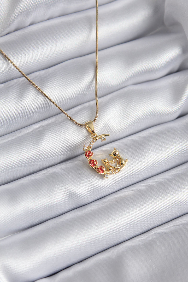 EBJ 316L Stainless Steel Gold Color Crescent Moon Cat Model Zircon Stone Detail Women's Necklace - Panevėžys