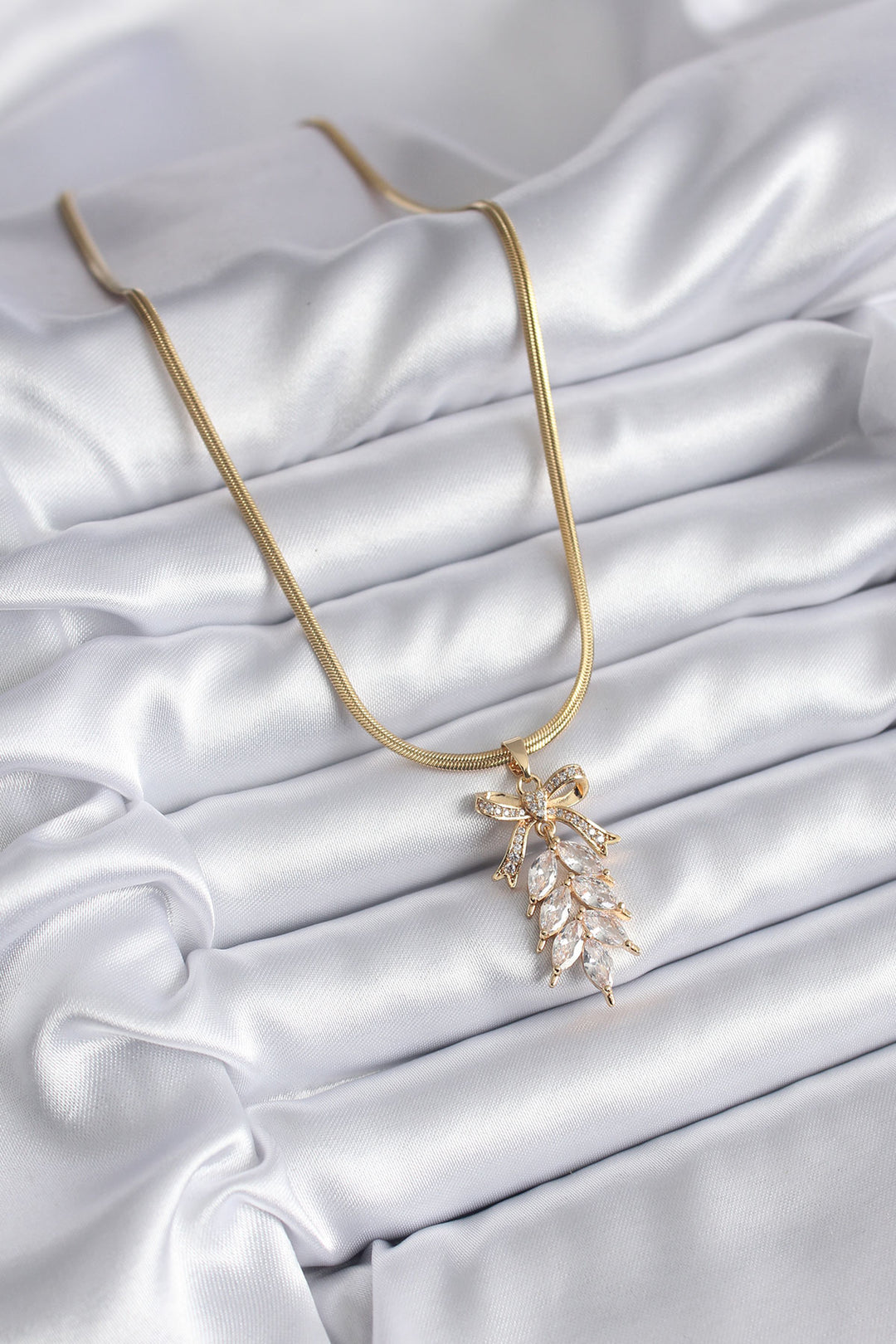 EBJ 316L Steel Gold Color Italian Chain with Zircon Stone Bow and Ear of Wheat Model Women's Necklace - San Marcos