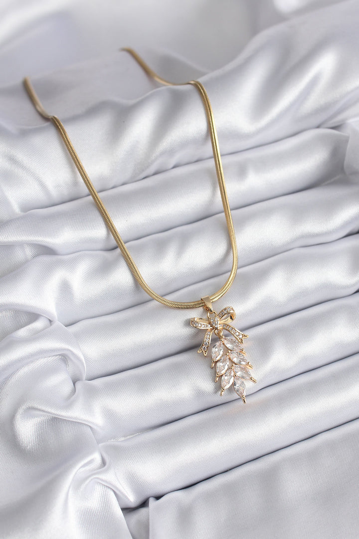 EBJ 316L Steel Gold Color Italian Chain with Zircon Stone Bow and Ear of Wheat Model Women's Necklace - San Marcos