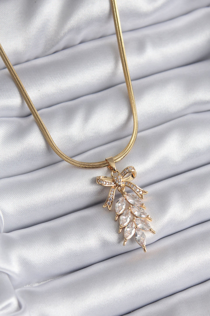 EBJ 316L Steel Gold Color Italian Chain with Zircon Stone Bow and Ear of Wheat Model Women's Necklace - San Marcos