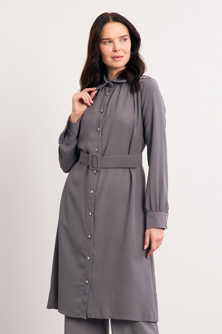 ZRF Women Belted Shoulder Stoned Tunic - Gray - West Lafayette