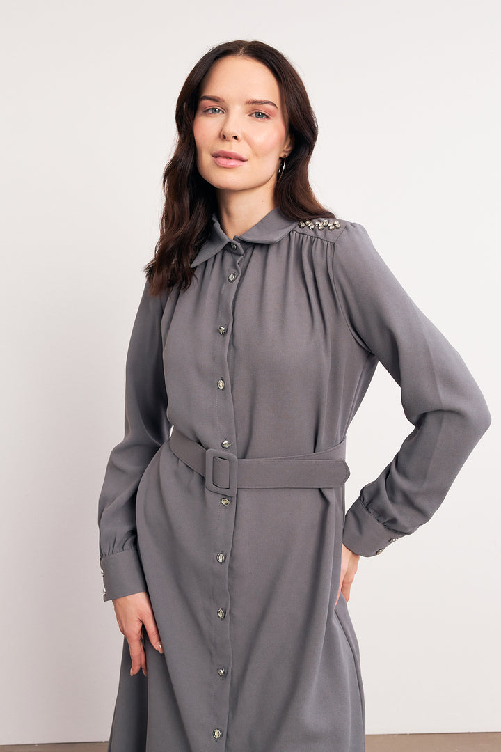 ZRF Women Belted Shoulder Stoned Tunic - Gray - West Lafayette