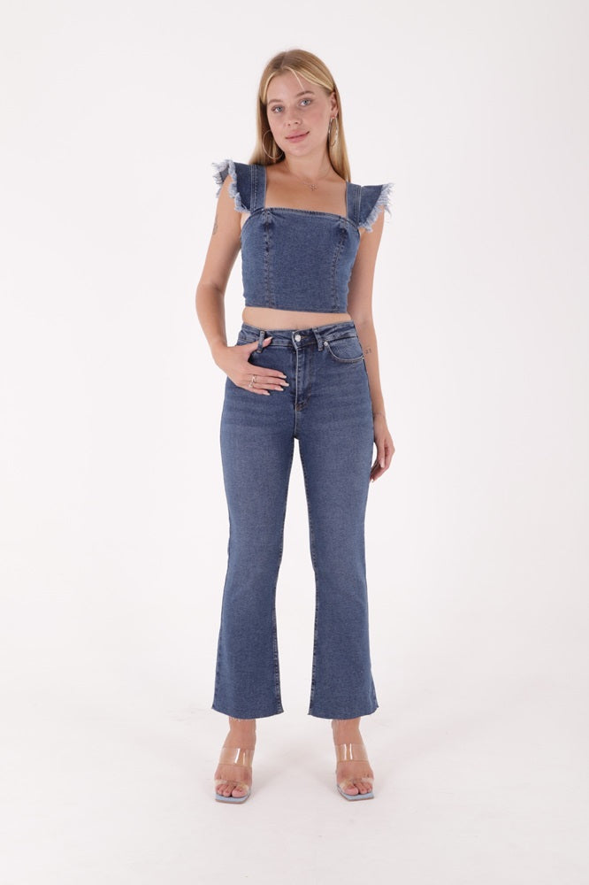 XLJ High Waist Mom Fit Jean with Flared Leg and Fringe Ending Mixed - Richmond Hill