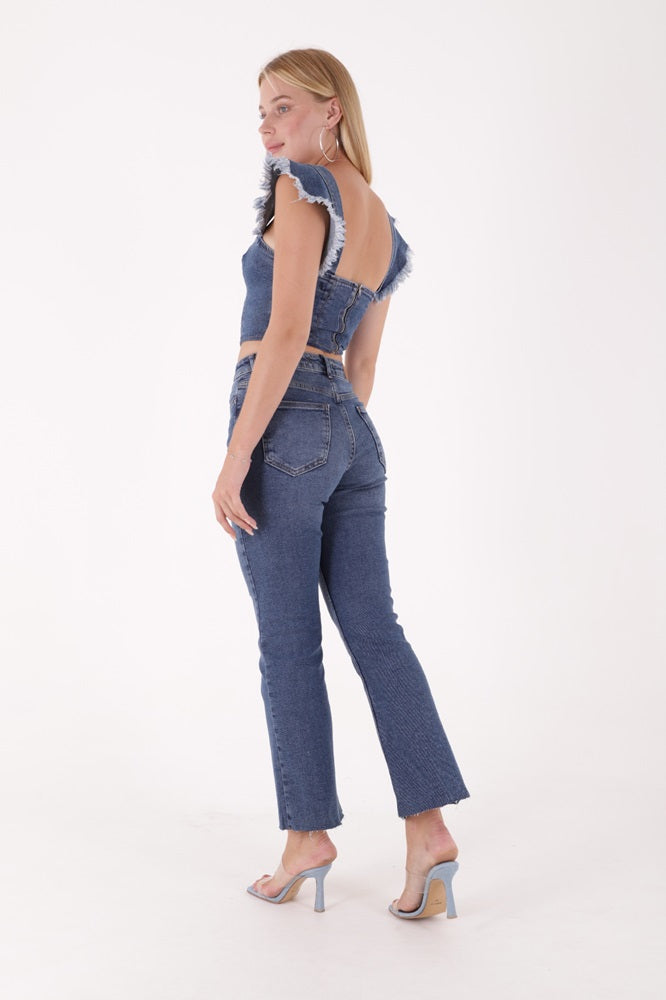XLJ High Waist Mom Fit Jean with Flared Leg and Fringe Ending Mixed - Richmond Hill