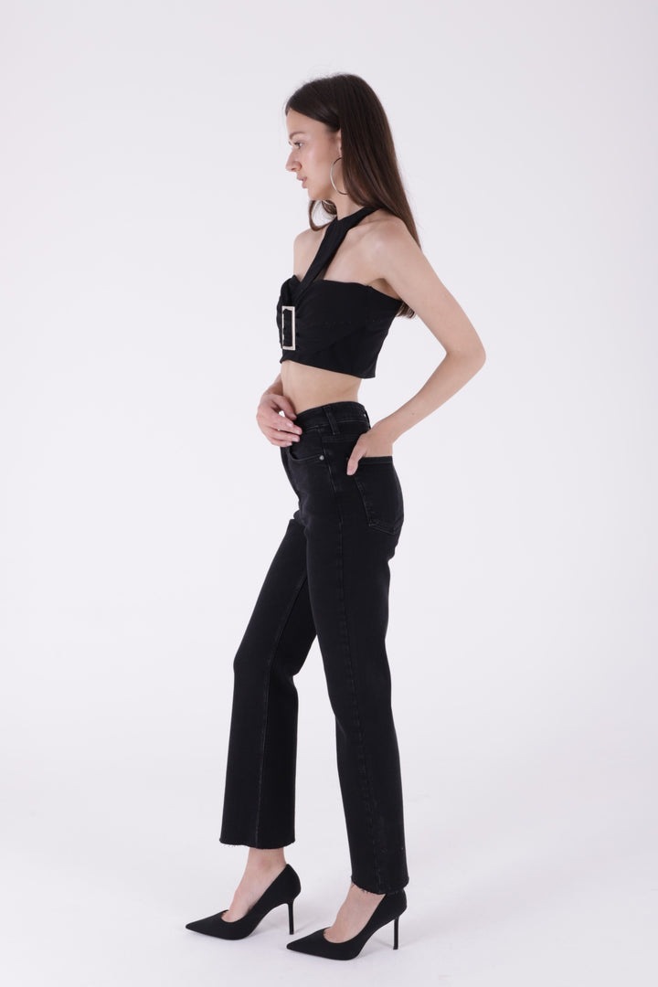 XLJ High Waist Mom Fit Jean with Flared Leg and Fringe Ending Mixed - Glendora