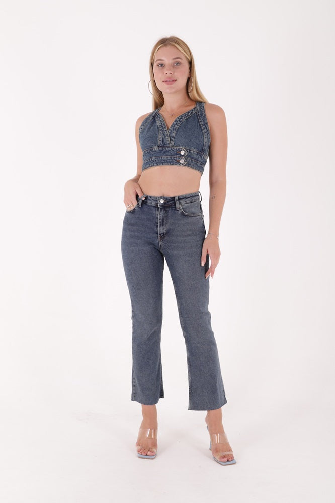 XLJ High Waist Mom Fit Jean with Flared Leg and Fringe Ending Mixed - Mariupol