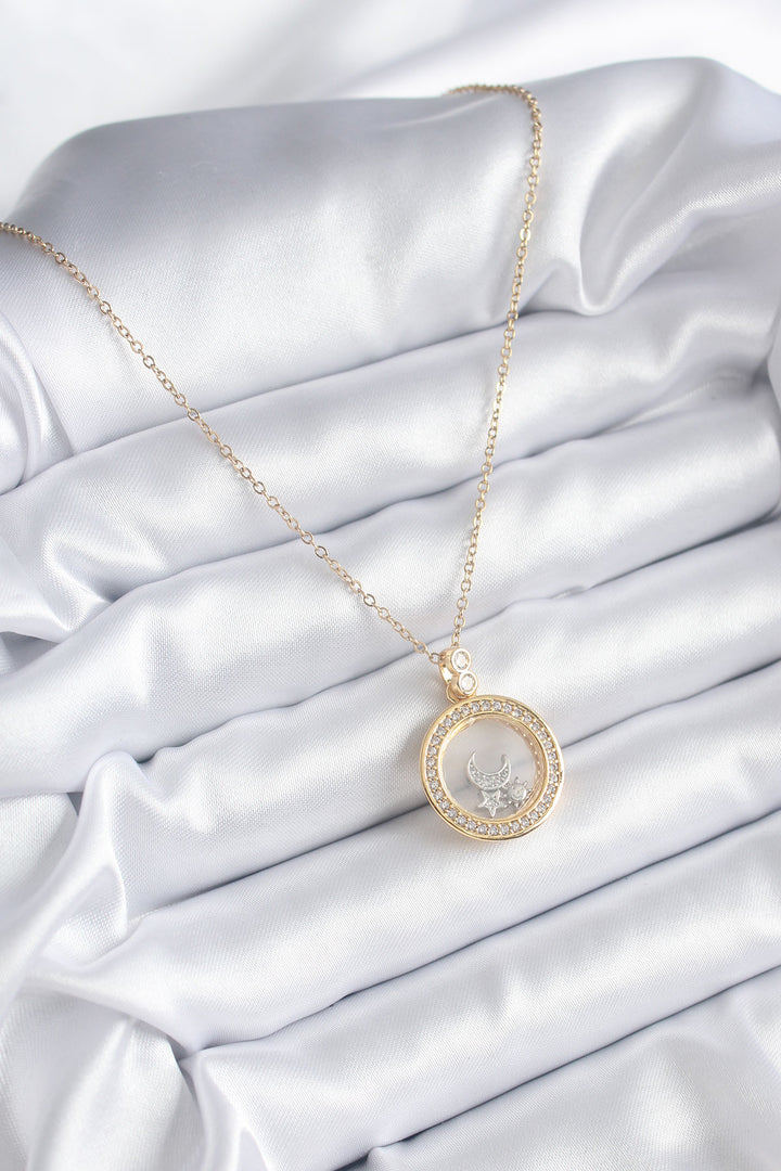 EBJ 316L Steel Gold Color Zircon Stone Detail Crescent Moon Star Vial Model Women's Necklace - Sérres