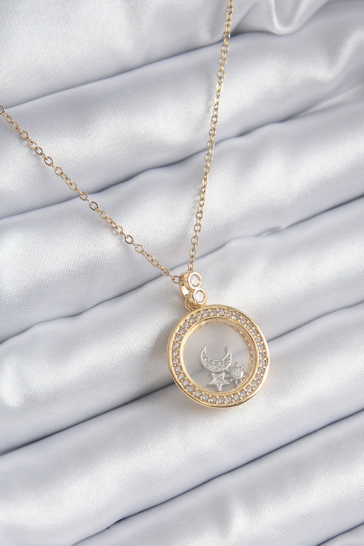 EBJ 316L Steel Gold Color Zircon Stone Detail Crescent Moon Star Vial Model Women's Necklace - Sérres