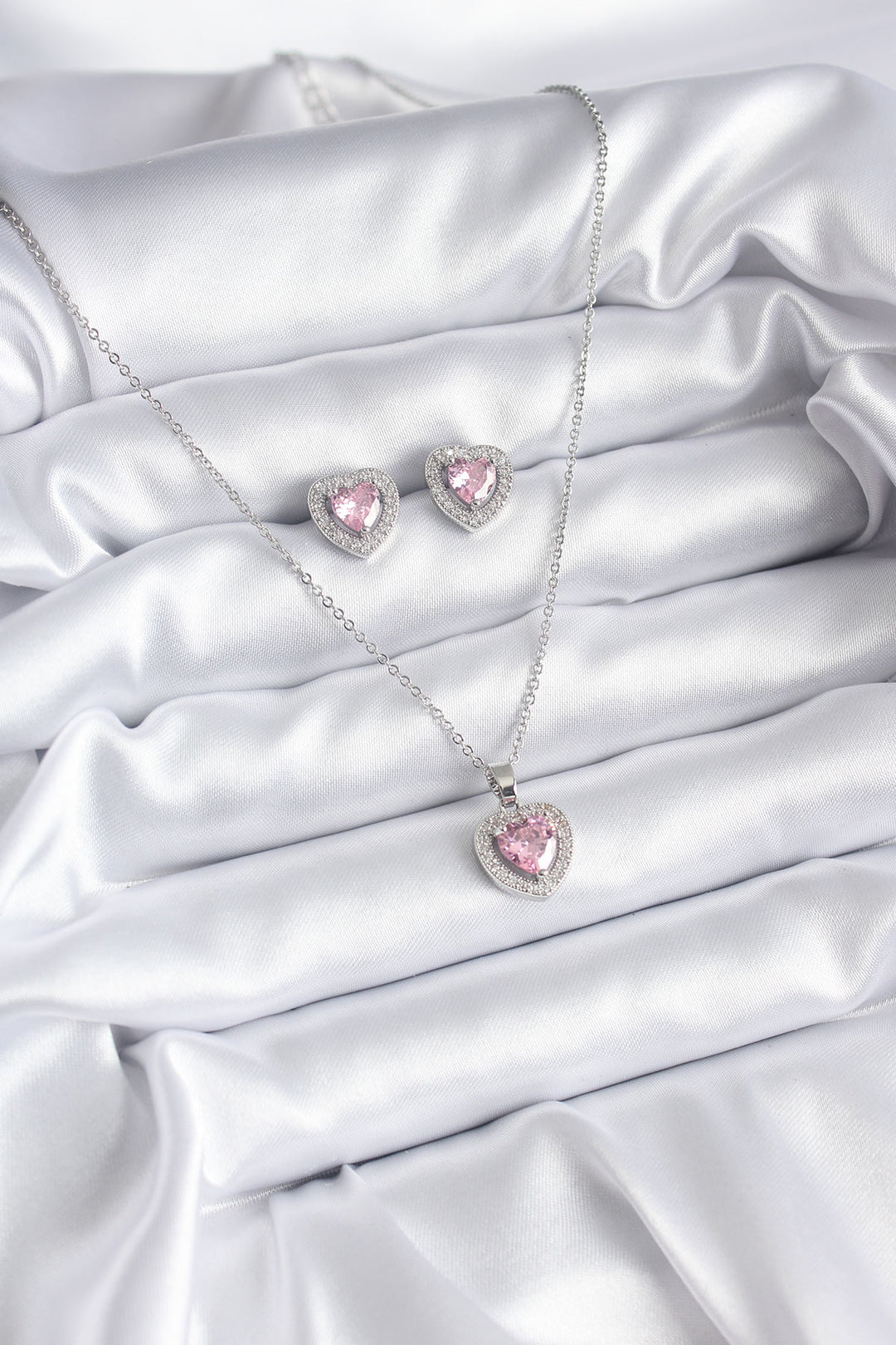 EBJ 316L Stainless Steel Chain Silver Color Pink Zircon Stone Heart Model Women's Necklace Earring Set - Tiraspol