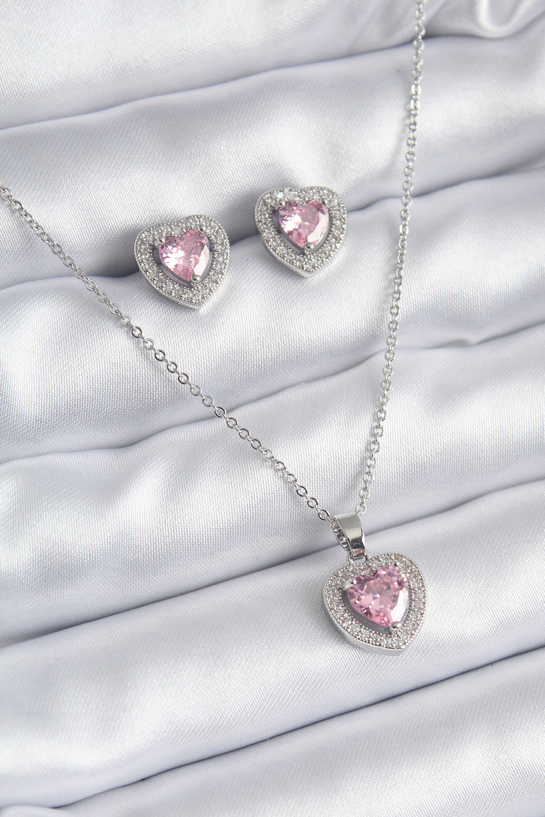 EBJ 316L Stainless Steel Chain Silver Color Pink Zircon Stone Heart Model Women's Necklace Earring Set - Tiraspol