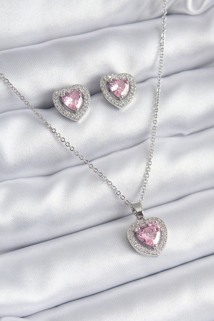 EBJ 316L Stainless Steel Chain Silver Color Pink Zircon Stone Heart Model Women's Necklace Earring Set - Tiraspol