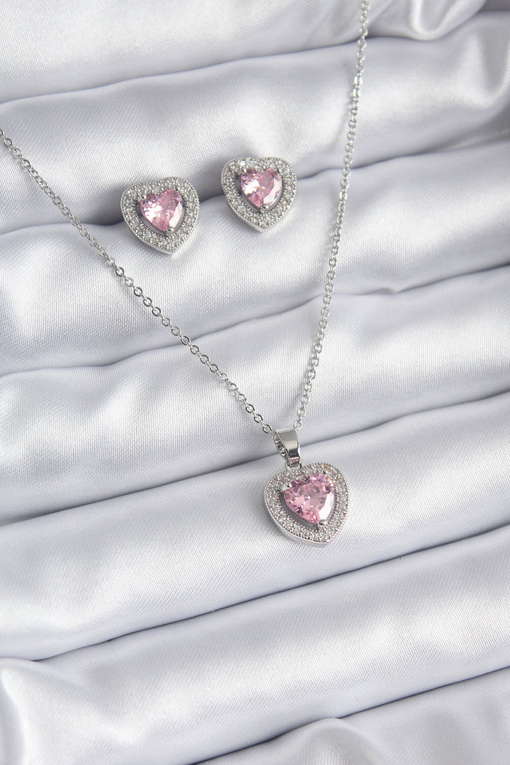 EBJ 316L Stainless Steel Chain Silver Color Pink Zircon Stone Heart Model Women's Necklace Earring Set - Tiraspol