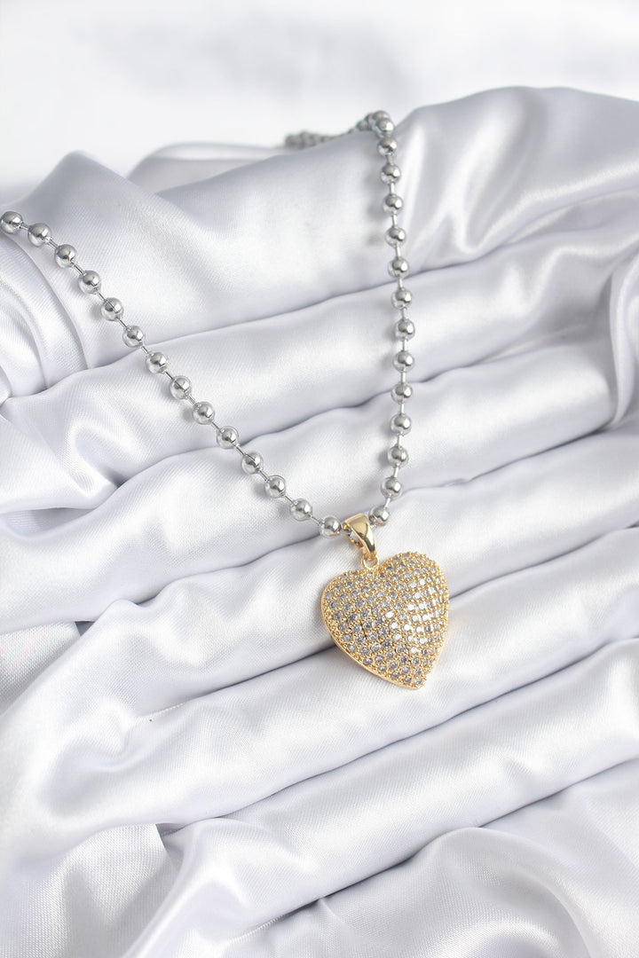 EBJ 316L Stainless Steel Silver Color Bead Chain Gold Zircon Stone Heart Design Women - Alkmaar