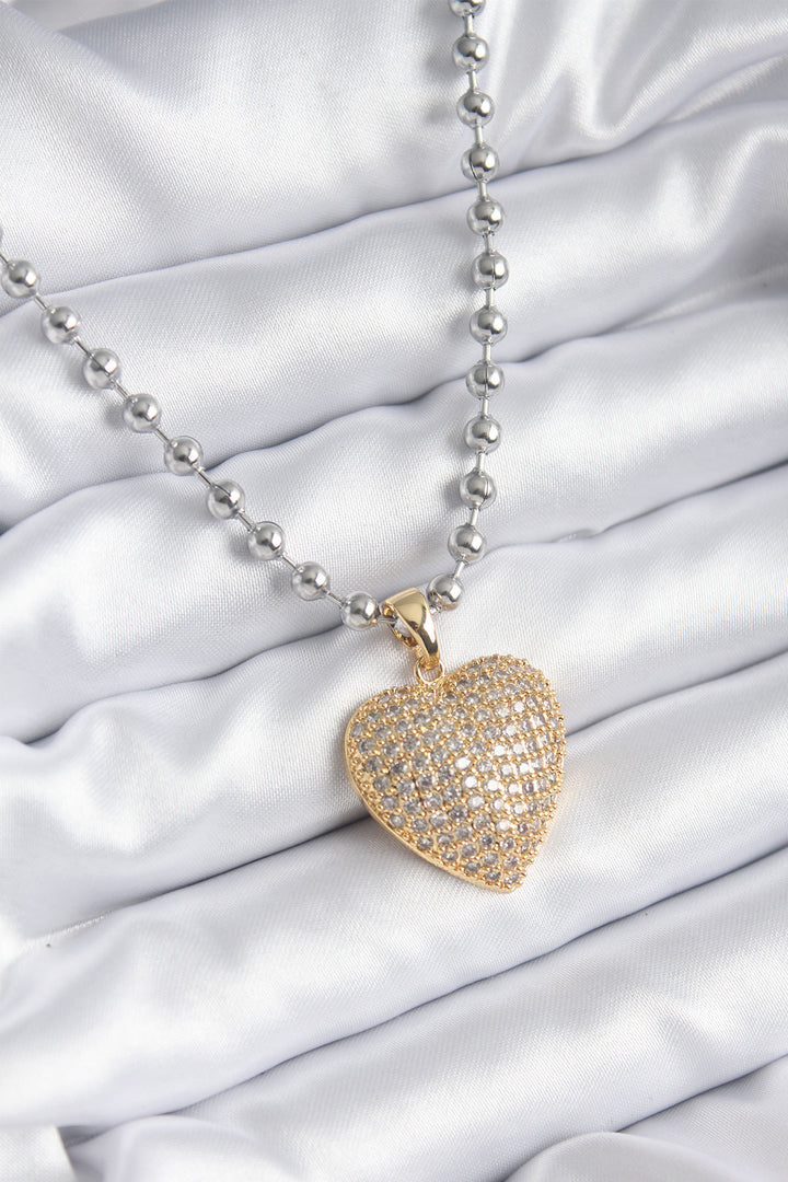 EBJ 316L Stainless Steel Silver Color Bead Chain Gold Zircon Stone Heart Design Women - Alkmaar
