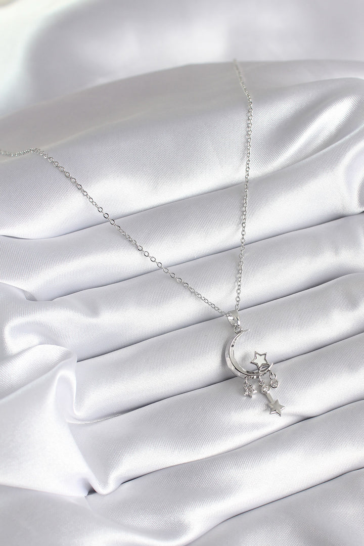 EBJ 316L Stainless Steel Silver Color Crescent Moon Figure with Zircon Stone Star Detail Women's Necklace - South Bend