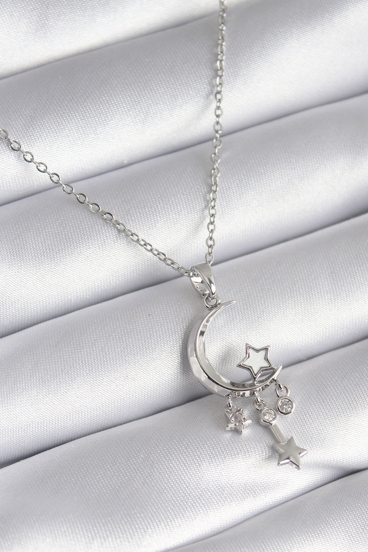 EBJ 316L Stainless Steel Silver Color Crescent Moon Figure with Zircon Stone Star Detail Women's Necklace - South Bend
