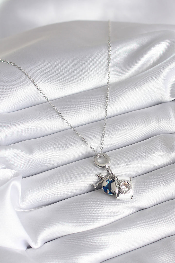 EBJ 316L Stainless Steel Silver Color Zircon Stone Camera Airplane World Figure Women's Necklace - Watertown Town