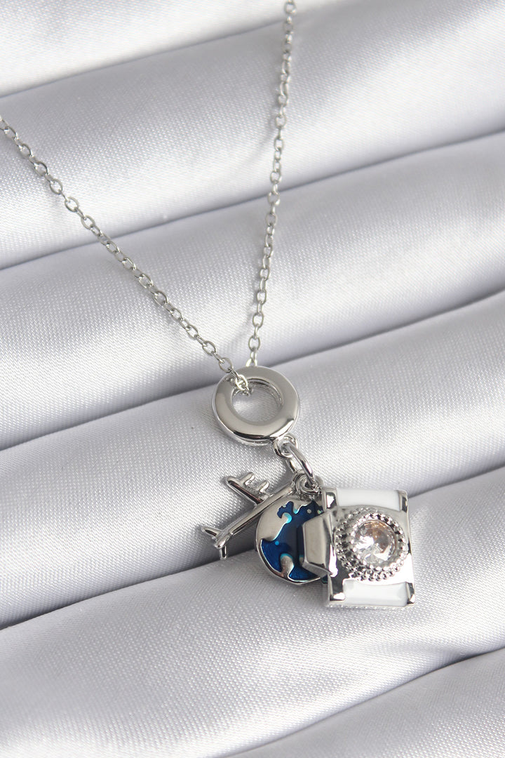 EBJ 316L Stainless Steel Silver Color Zircon Stone Camera Airplane World Figure Women's Necklace - Watertown Town