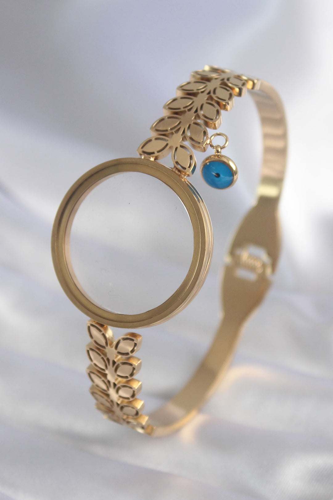EBJ 316L Steel Gold Color Leaf Processing Openable Vial Model Evil Eye Detail Women's Bracelet - Lauderhill