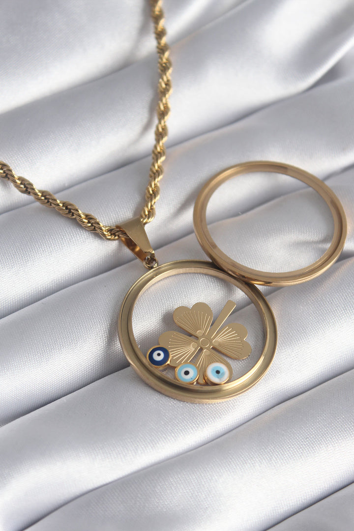 EBJ 316L Steel Gold Color Coil Chain Clover Figure Openable Locket Model Women's Necklace - Huamantla