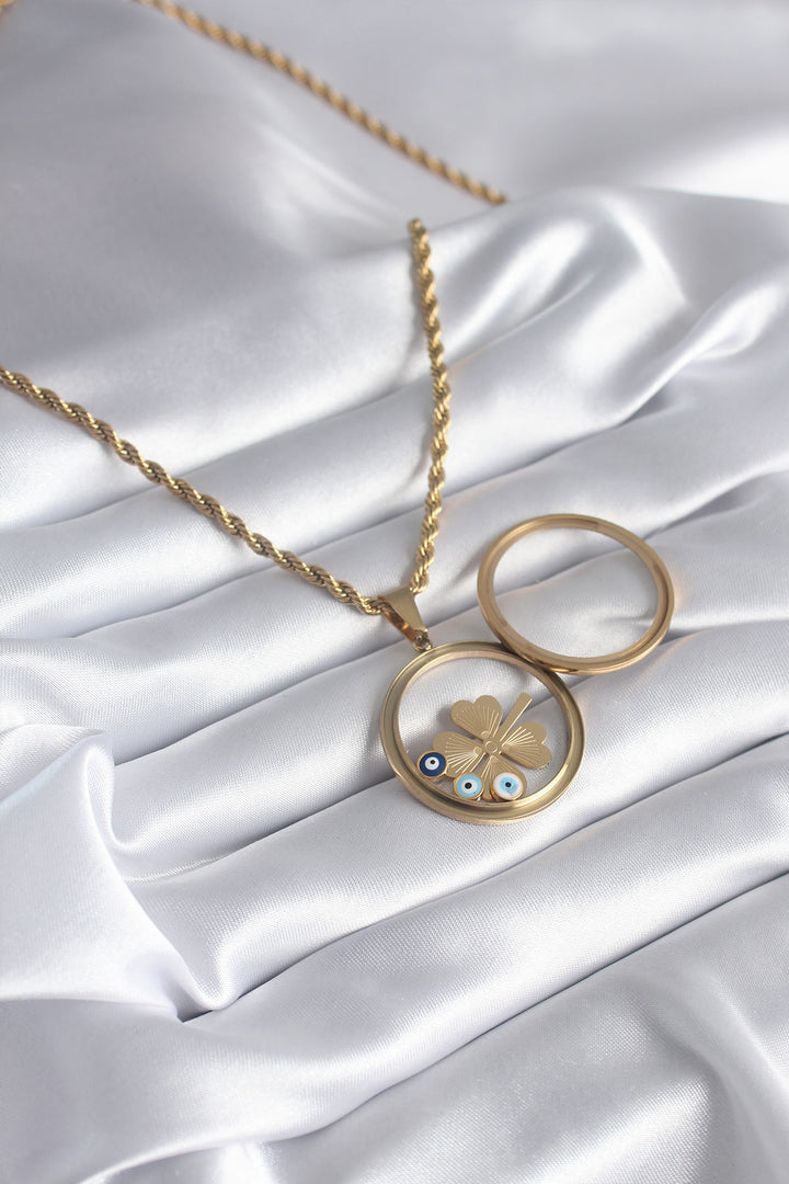 EBJ 316L Steel Gold Color Coil Chain Clover Figure Openable Locket Model Women's Necklace - Huamantla