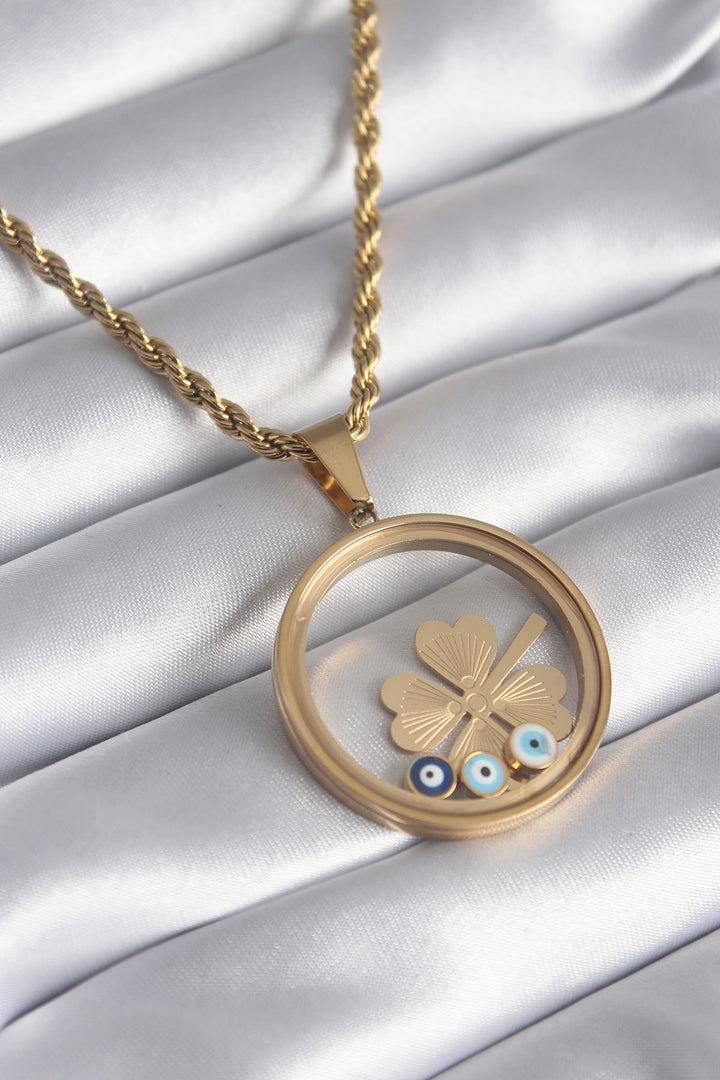 EBJ 316L Steel Gold Color Coil Chain Clover Figure Openable Locket Model Women's Necklace - Huamantla