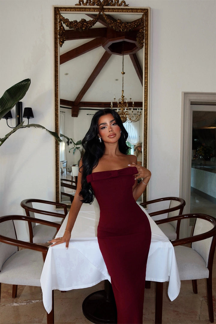 EYY Women Strapless Midi Dress in Cherry Maroon - Portimão