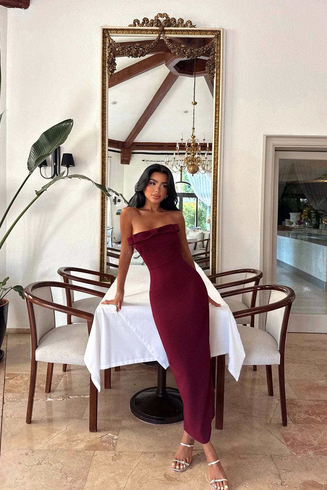 EYY Women Strapless Midi Dress in Cherry Maroon - Portimão