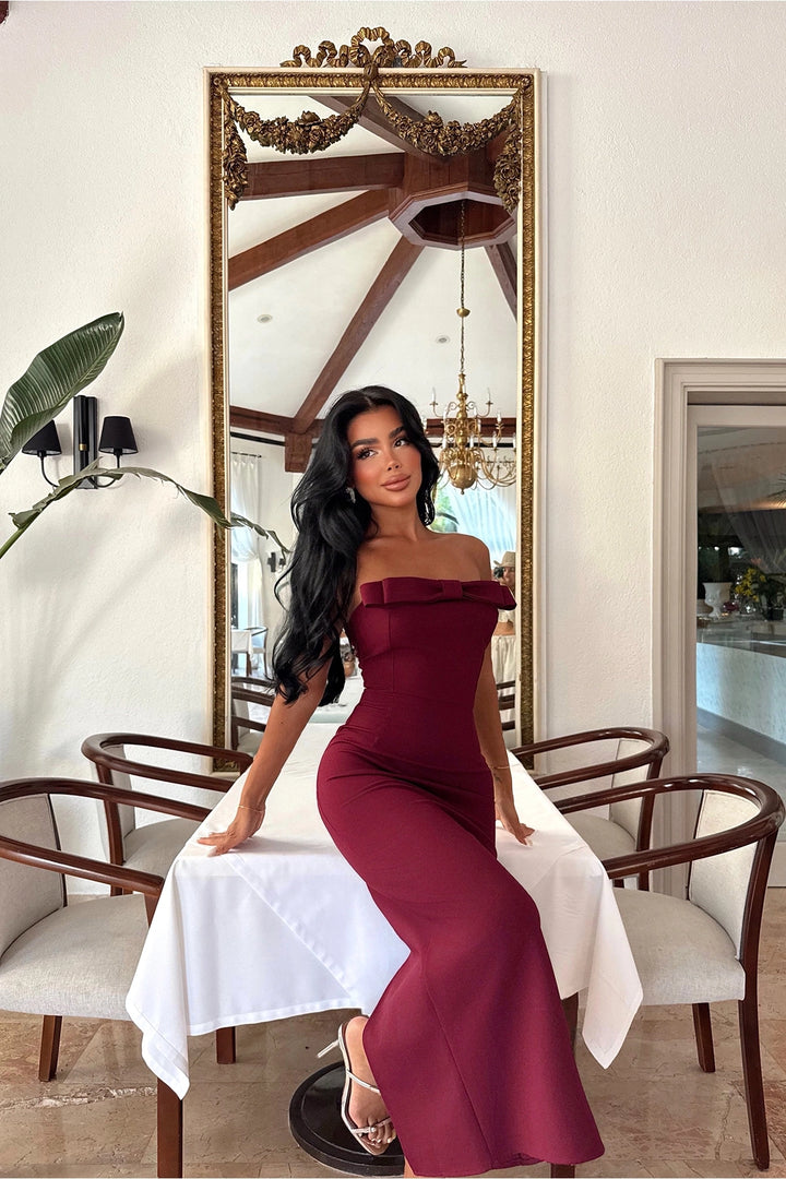 EYY Women Strapless Midi Dress in Cherry Maroon - Portimão