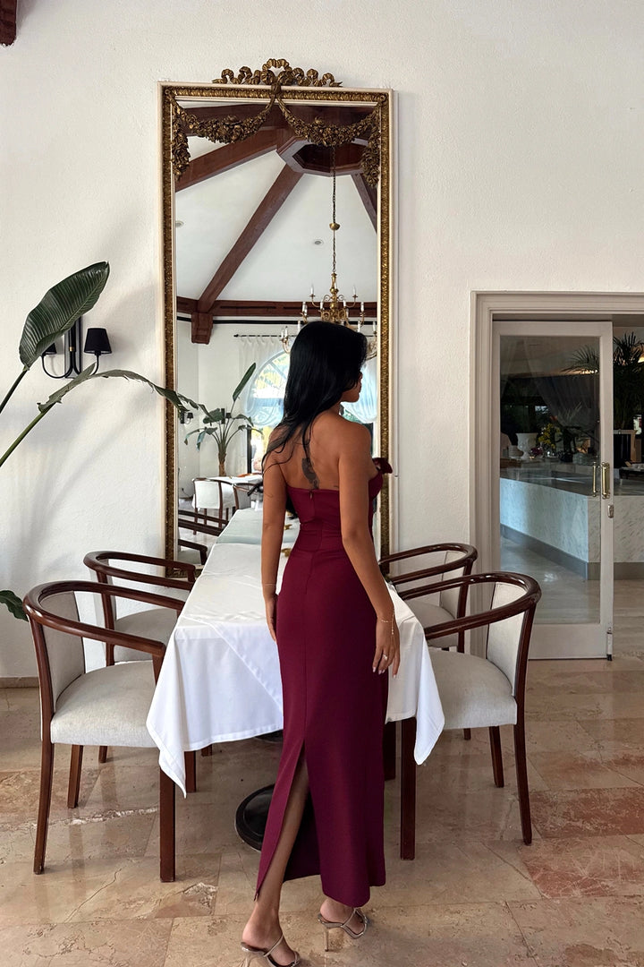 EYY Women Strapless Midi Dress in Cherry Maroon - Portimão