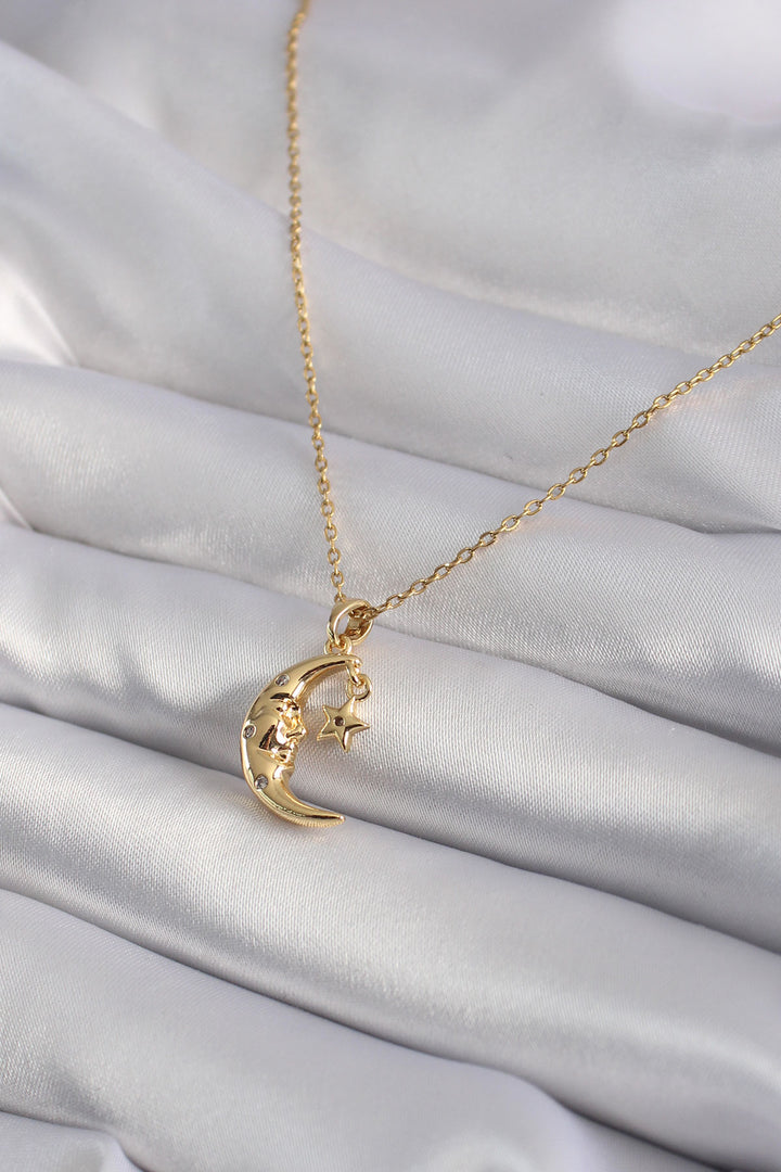 EBJ 316L Steel Gold Color Zircon Stone Star and Crescent Model Women's Necklace - Herten