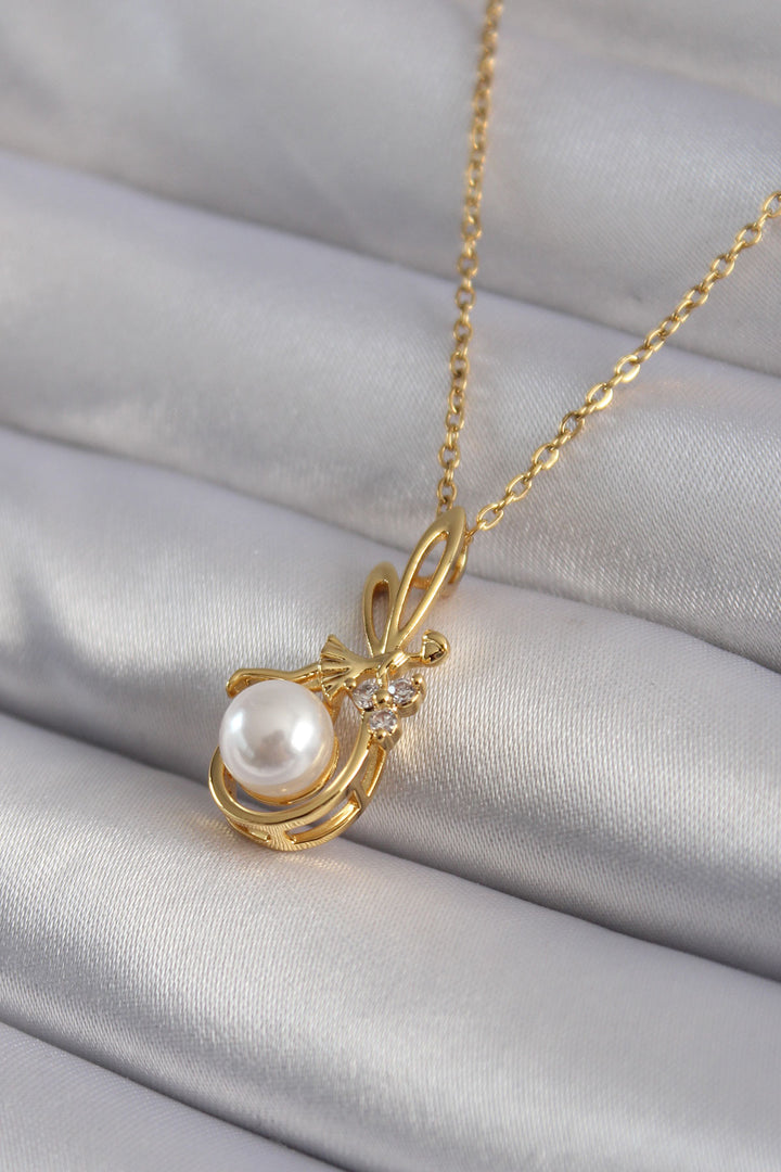 EBJ 316L Steel Gold Color Zircon Stone Detail Pearl Women's Necklace - Berlin