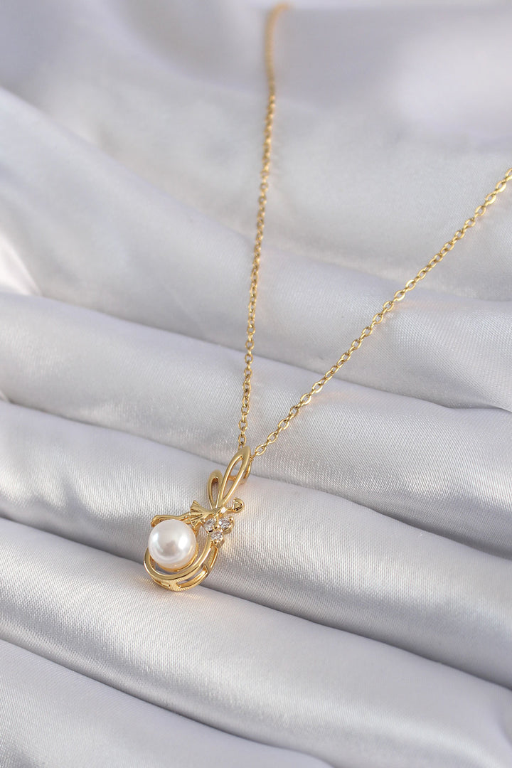 EBJ 316L Steel Gold Color Zircon Stone Detail Pearl Women's Necklace - Berlin