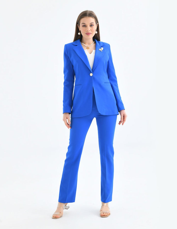 NDL Women Brooch Detail Gold Buttoned Satin Women's Suit in Sax Blue - Bagneux