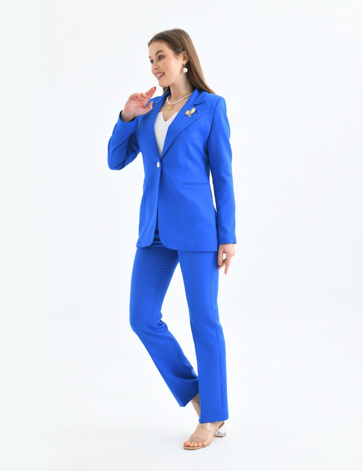 NDL Women Brooch Detail Gold Buttoned Satin Women's Suit in Sax Blue - Bagneux