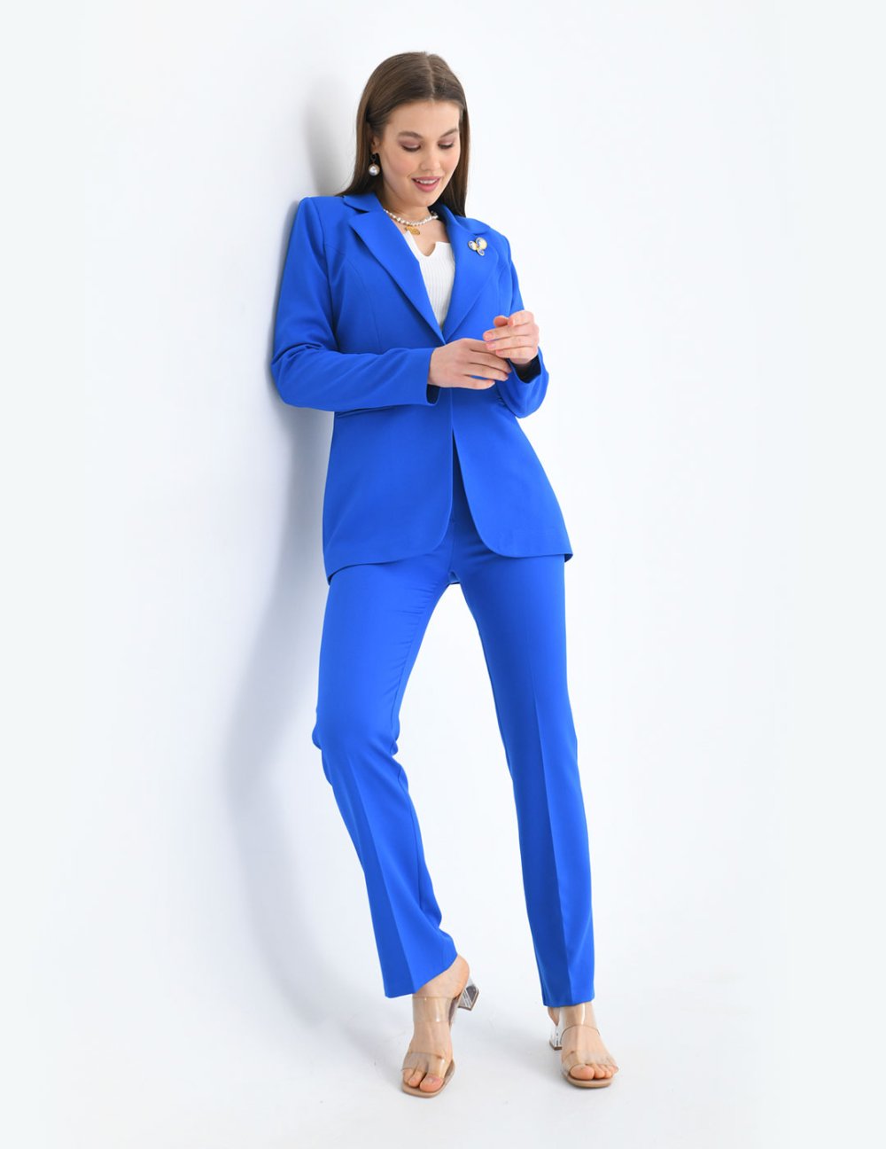 NDL Women Brooch Detail Gold Buttoned Satin Women's Suit in Sax Blue - Bagneux