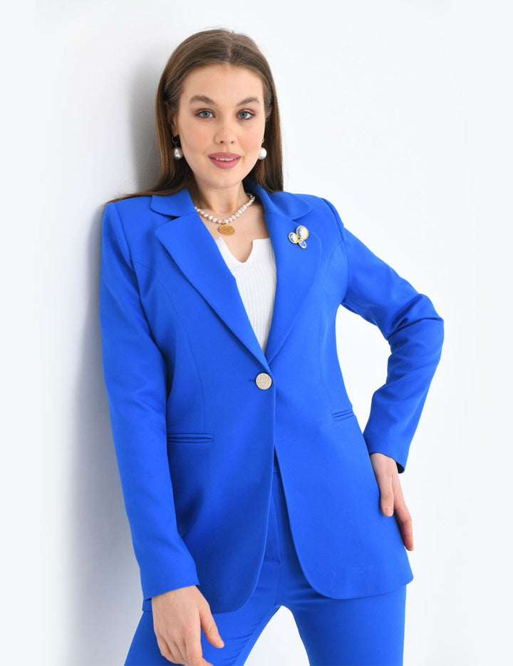 NDL Women Brooch Detail Gold Buttoned Satin Women's Suit in Sax Blue - Bagneux