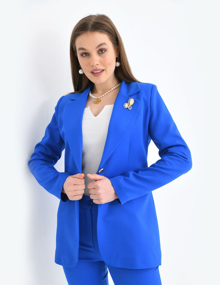 NDL Women Brooch Detail Gold Buttoned Satin Women's Suit in Sax Blue - Bagneux
