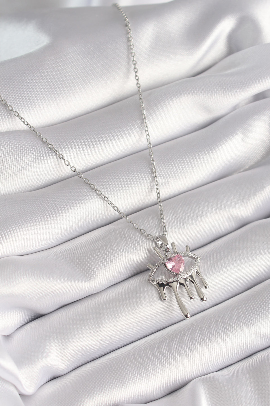 EBJ 316L Stainless Steel Silver Color Chain with Zircon Stone Eye Model Pink Zircon Stone Heart-Shaped Women's Necklace - London