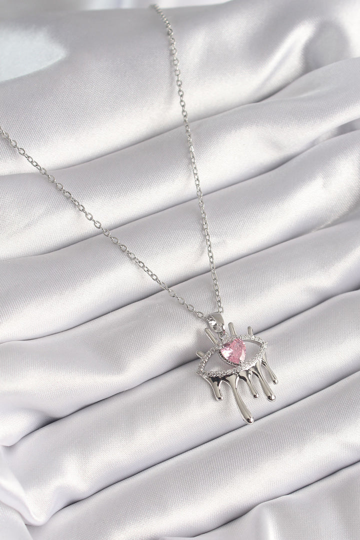 EBJ 316L Stainless Steel Silver Color Chain with Zircon Stone Eye Model Pink Zircon Stone Heart-Shaped Women's Necklace - London
