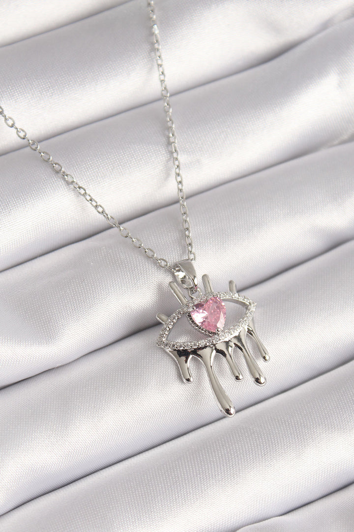 EBJ 316L Stainless Steel Silver Color Chain with Zircon Stone Eye Model Pink Zircon Stone Heart-Shaped Women's Necklace - London