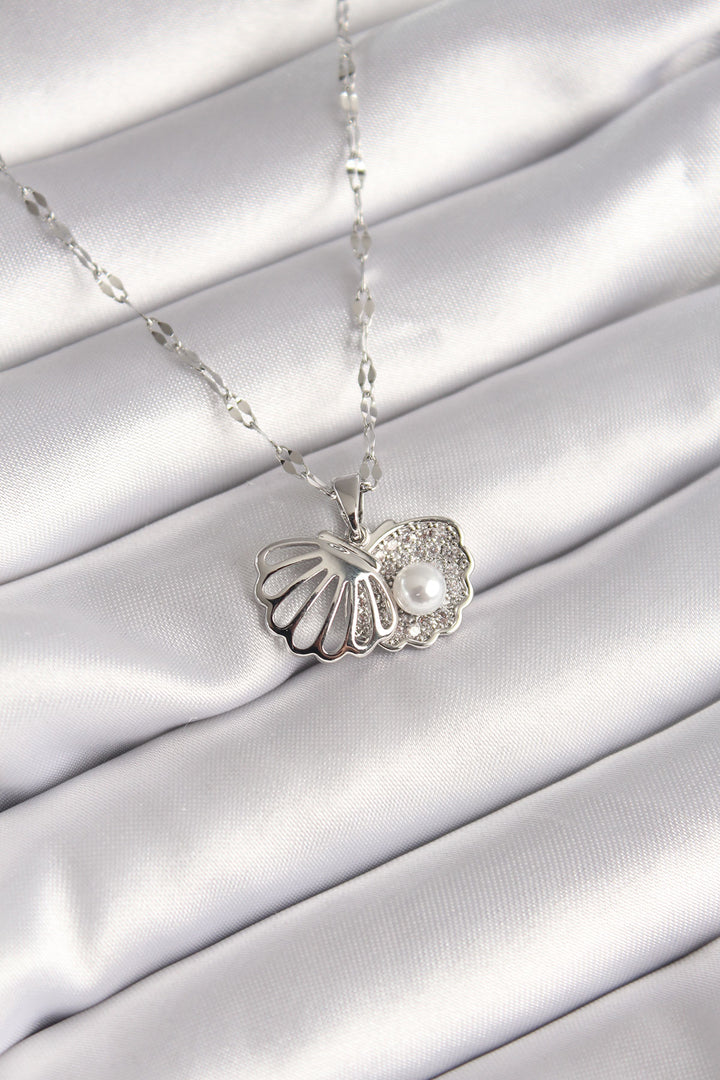 EBJ 316L Stainless Steel Silver Color Chain Openable Oyster Model Pearl Detail Women's Necklace - Berlin