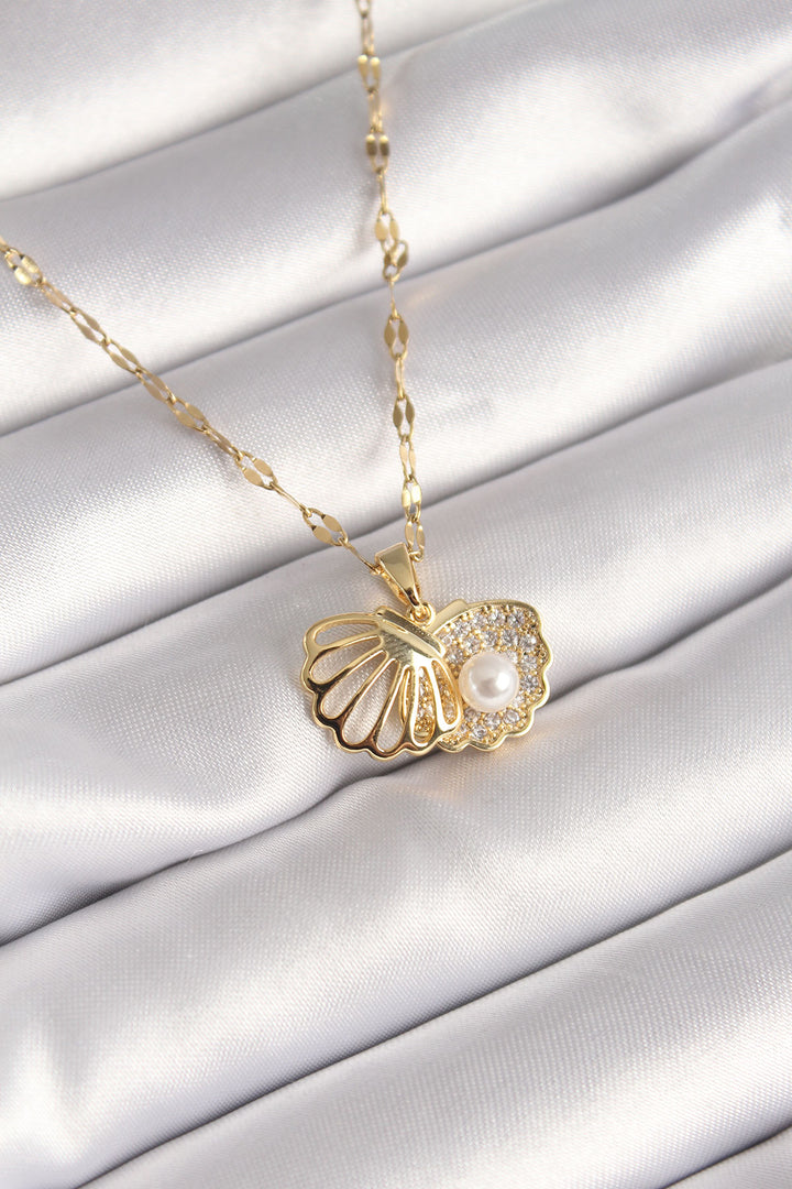EBJ 316L Steel Gold Color Chain Openable Oyster Model Pearl Zircon Stone Detail Women's Necklace - Arvada