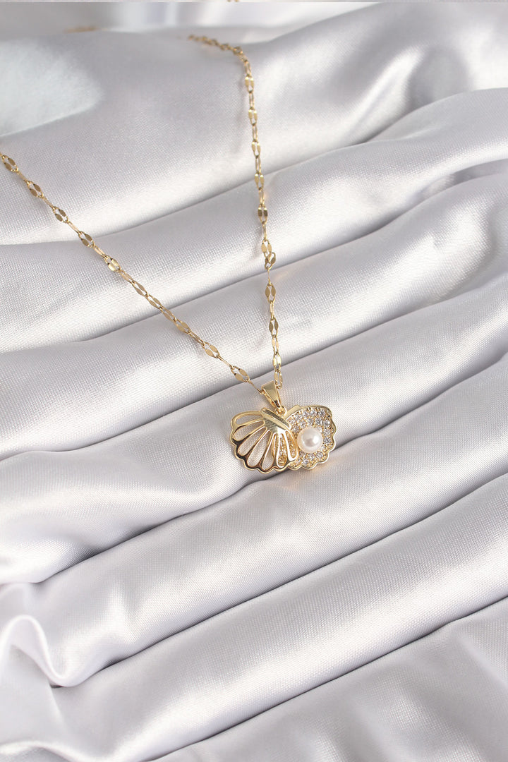 EBJ 316L Steel Gold Color Chain Openable Oyster Model Pearl Zircon Stone Detail Women's Necklace - Arvada