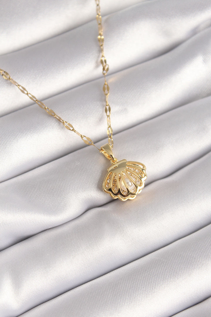 EBJ 316L Steel Gold Color Chain Openable Oyster Model Pearl Zircon Stone Detail Women's Necklace - Arvada